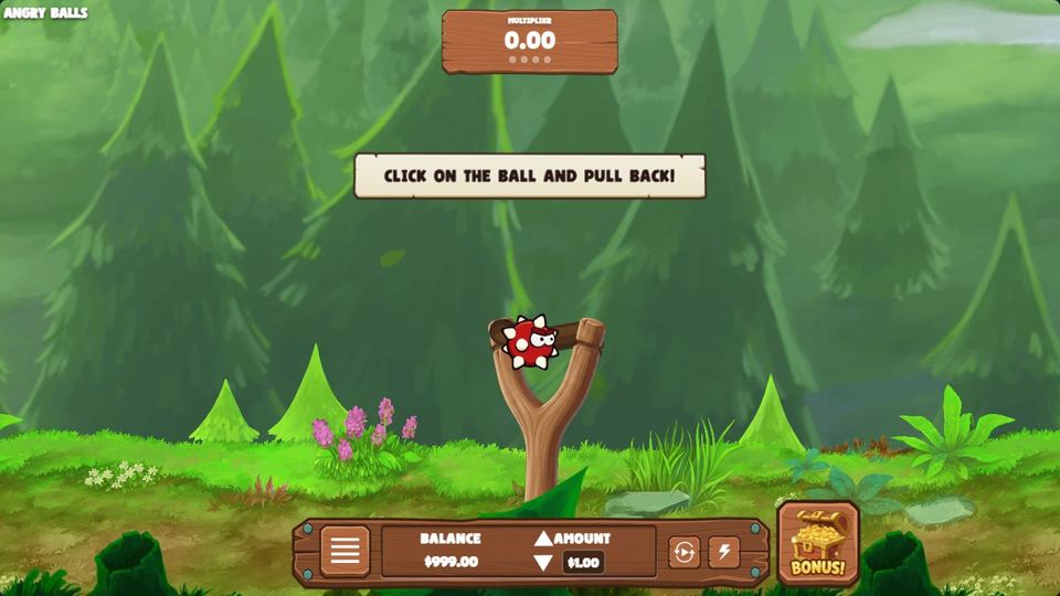 Angry Balls game screen: slingshot with a spiked ball, multiplier counter and bet panel