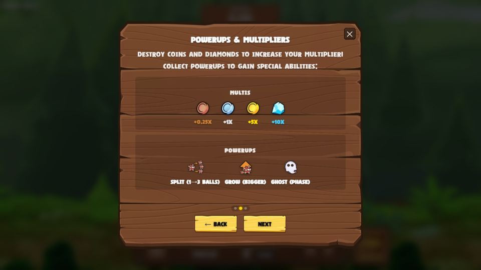 Coin values and the three power ups shown in the game help screen